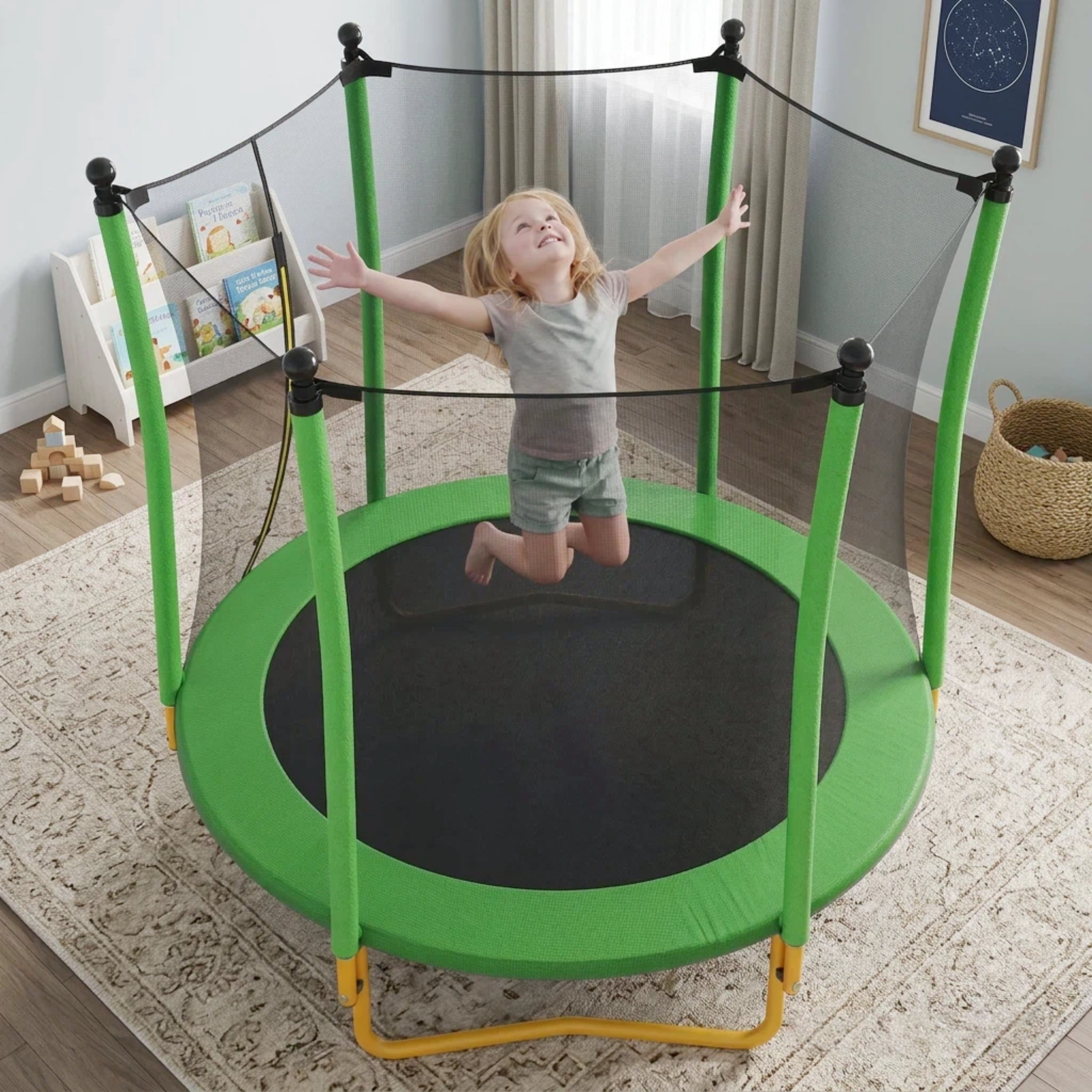 5.5 FT Kids Trampoline with Safety Enclosure Net, U-Shaped Steel Legs & Foam Poles, Heavy Duty Mini Trampoline for Indoor Outdoor Toddler Play