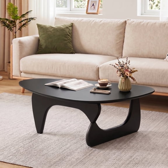 Coffee Table for Living Room, Mid Century Modern Coffee Tables with Triangle Top, Unique Small Round Coffee Table, Wood Oval Tea Table for Bedroom, Black