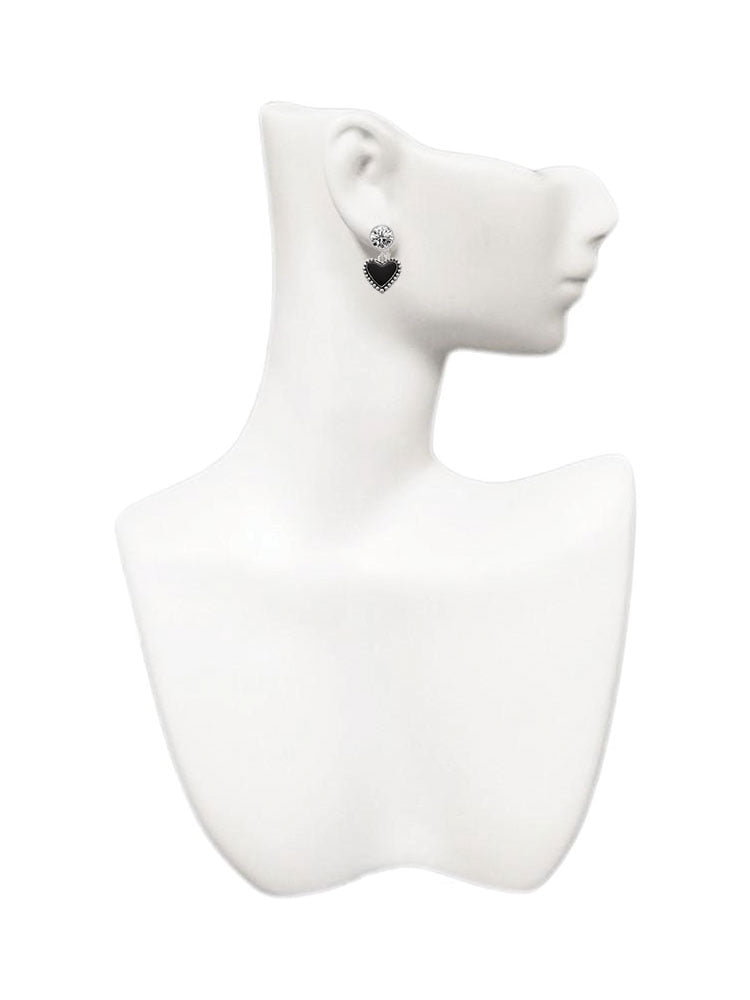 Silvertone Black Heart with Beaded Border Clear Crystal Clip On Earrings