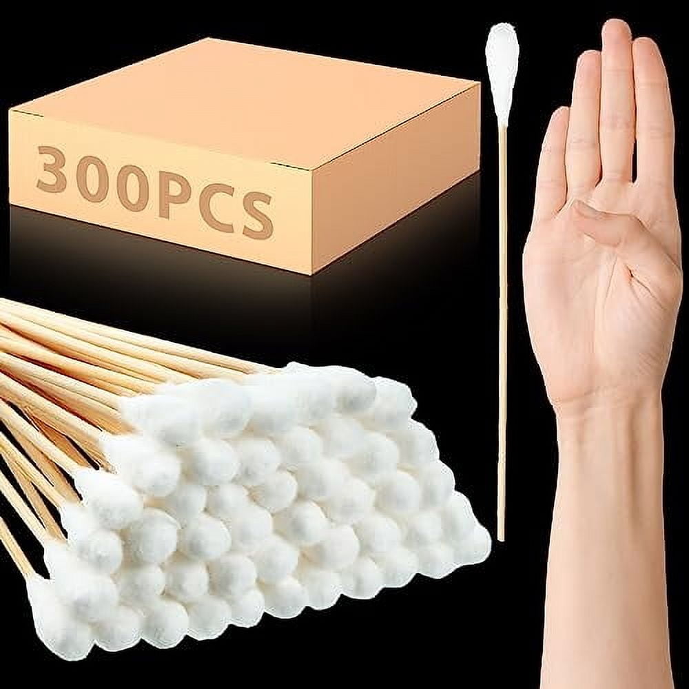 300 Pcs 8 Inch Large Cotton Swabs with Bamboo Handle Oversized Extra Long Cotton Tipped Applicators with Large 1/2" Diameter Ear Swabs for Wound Cleaning, Makeup