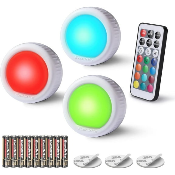 Tap Light, Push Light, LED Puck Lights with 12 RGB Colors, Wireless Touch Light Under Cabinet, 80 Lumens Night Light for Closet, Bedroom, Wall, Classroom, 9 AAA Batteries Included, 3-Pack