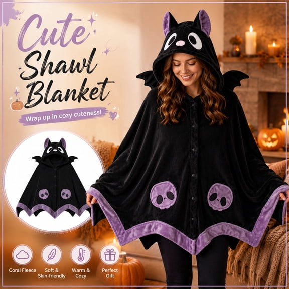Bat Hooded Blanket with Sleeves, Oversized Wearable Cape Wrap for Women, Soft Coral Velvet Cozy Blanket for Lounging Napping, Unique Bat Shape Design
