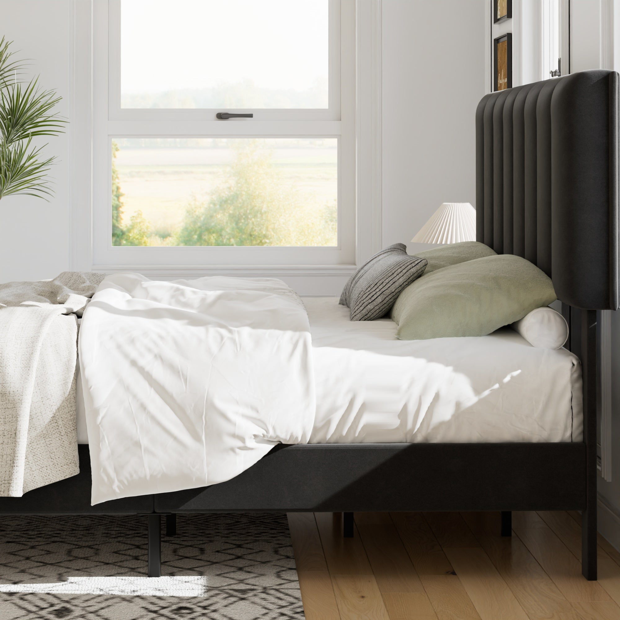 VECELO King Size Upholstered Bed Frame Black Metal Frame Bed with Adjustable Headboard Wood Slat No Box Spring Needed/Easy Assembly,Black