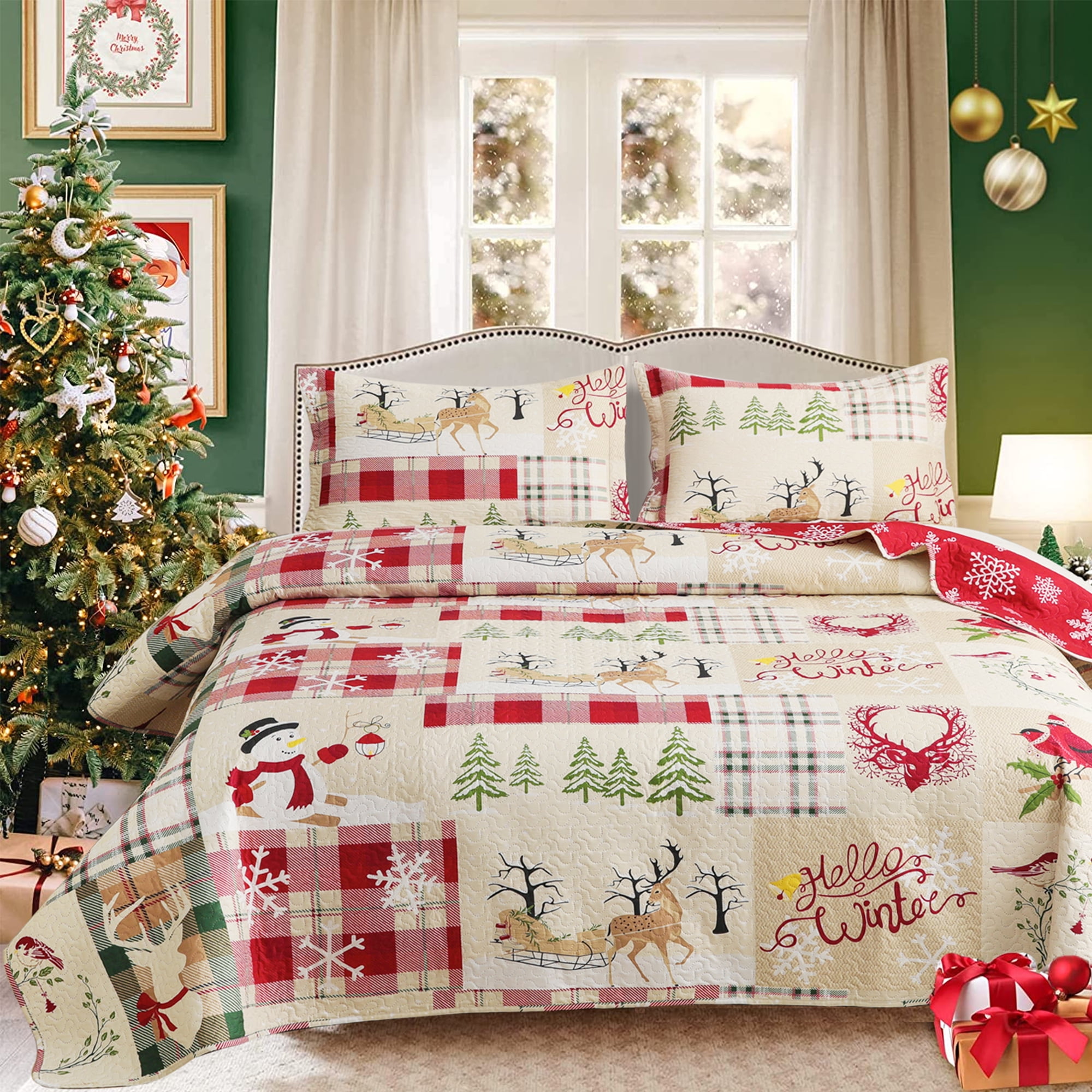 Smuge Christmas Quilt Sets Queen Full Size Reindeer Bedding Sets Snowman Xmas Bedspread Lightweight Snowflake Coverlet with 2 Pillow Shams, Beige Green