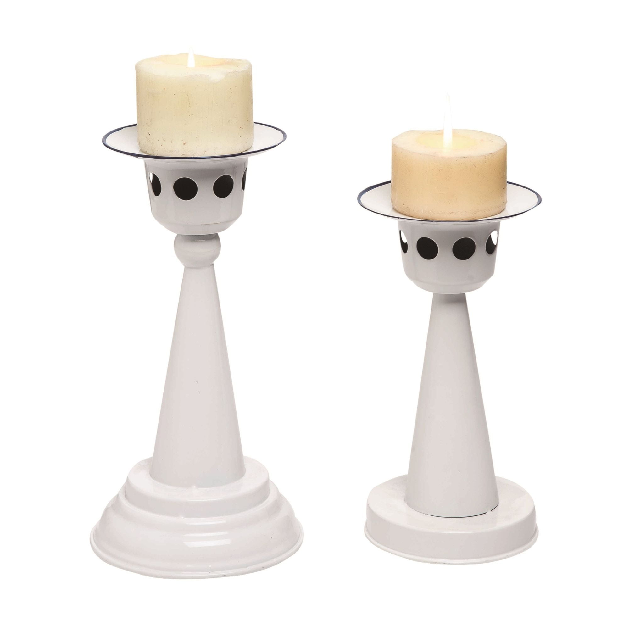 Set of 2 Rustic Enamel Pillar Candle holders or Realistic Candles with Timer 
