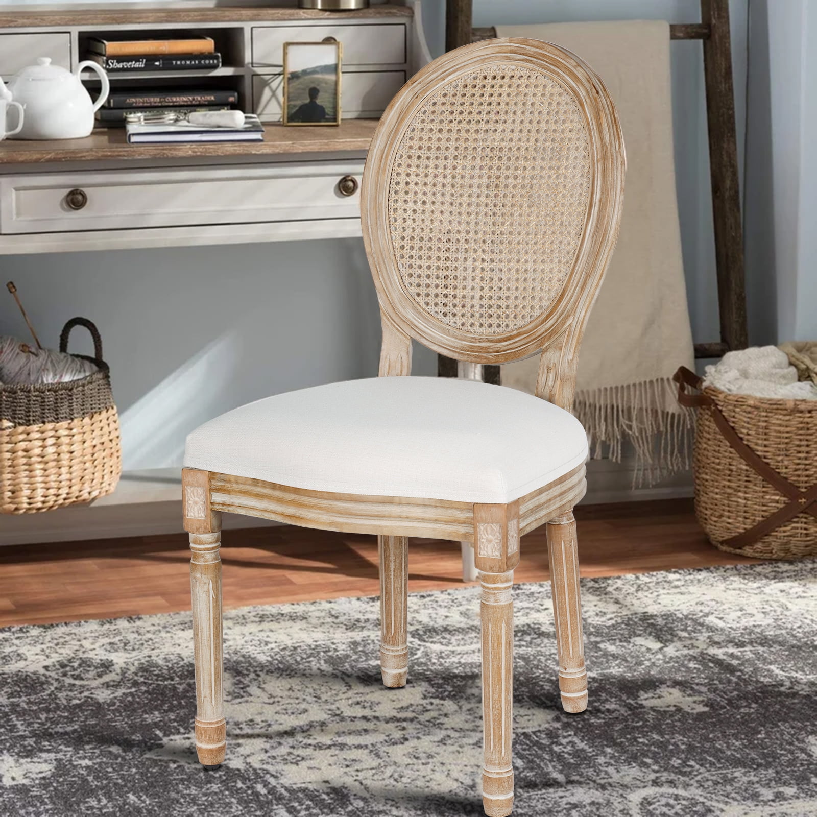 French Dining Chairs Set of 6 Beige Natural Fabric Round Back with Solid Wood Legs and Frame for Bedroom Dining Room Kitchen