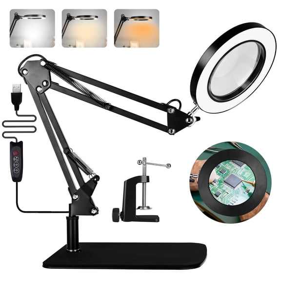 WEENEED Magnifying Desk Lamp, 10X Magnifier with Adjustable Arm, Dual Base and Clamp, USB Powered for Reading, Repair, Crafts, Nail Beauty