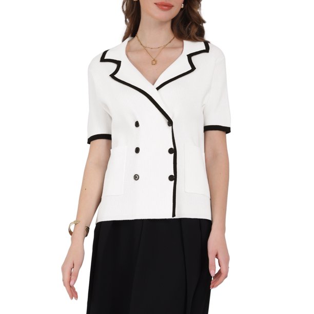 INSPIRAR CHIC Blusas de verano de manga corta para mujer, de doble botonadura, de color contrastante, suéter de punto 2XL blanco