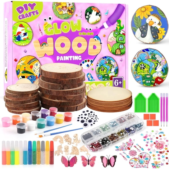 Wooden Painting Kit for Kids 6-12, 26 Pcs Wood Slices Craft Kit Gift Set with Assorted Gems & Diamond Painting Tools, Creative Art Activity Supplies for Boys Girls