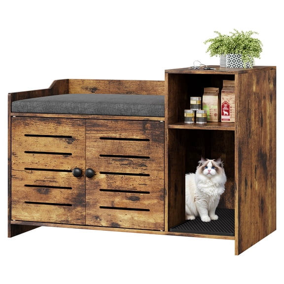 Cat Litter Box Enclosure Furniture with Double Doors - Large Hidden End Table, Wooden Cabinet with Storage, Brown