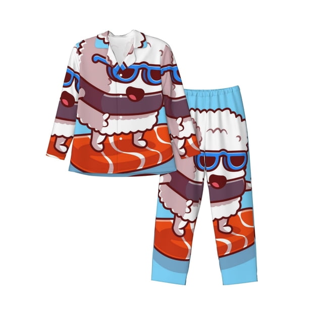 Fotbe Sushi Salmon Surfing Pijama de Hombre con Estampado de Manga Larga, Conjunto de 2 Piezas, Ropa de Dormir Suave y Cómoda con Bolsillos-Medium