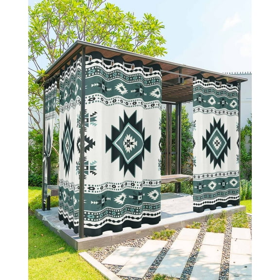 nqOlkjepod Outdoor Curtains for Patio Waterproof, Green Boho Outdoor Privacy Panels Grommet, Ethnic Tribal Aztec Abstract Geometric Motifs Blackout Outside Curtains for Porch 54"x84", 2 Panels