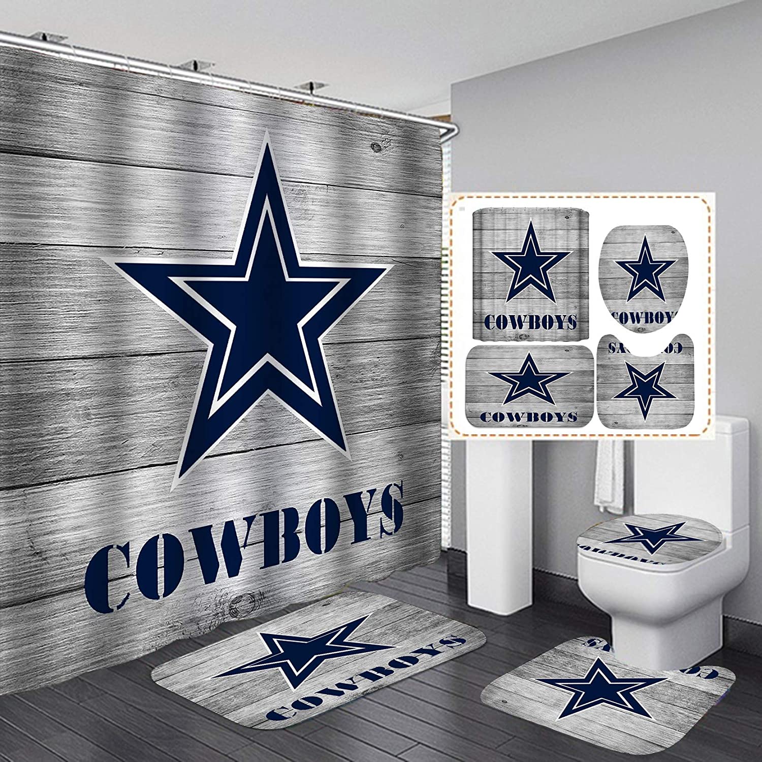 HTBUSC 4PCS/Set Navy Blue White Stripe Texas Star Shower Curtain Sports Athlete Football