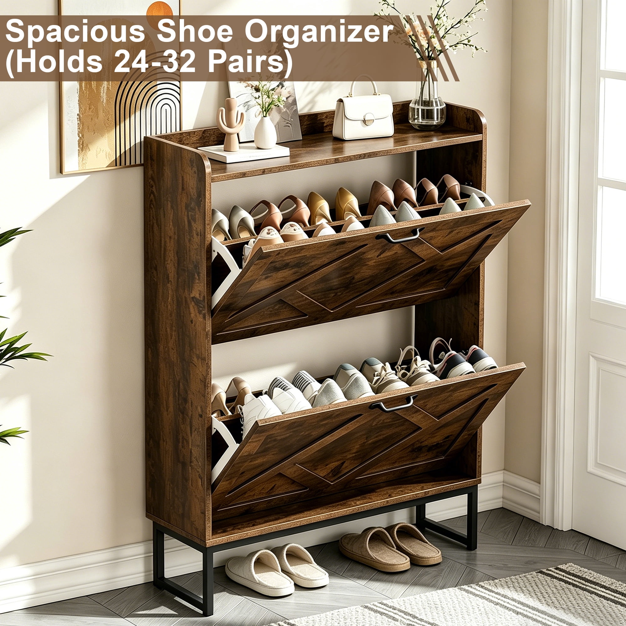 Skyhill Shoe Cabinet with 2 Flip Drawers,Farmhouse Shoe Organizer for Entryway,Brown