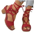 thumbnail image 1 of Sandales à Talons pour Femmes Talon Épais Bloc Lacets Bout Ouvert Sandales Décontractées Rouges, 1 of 9