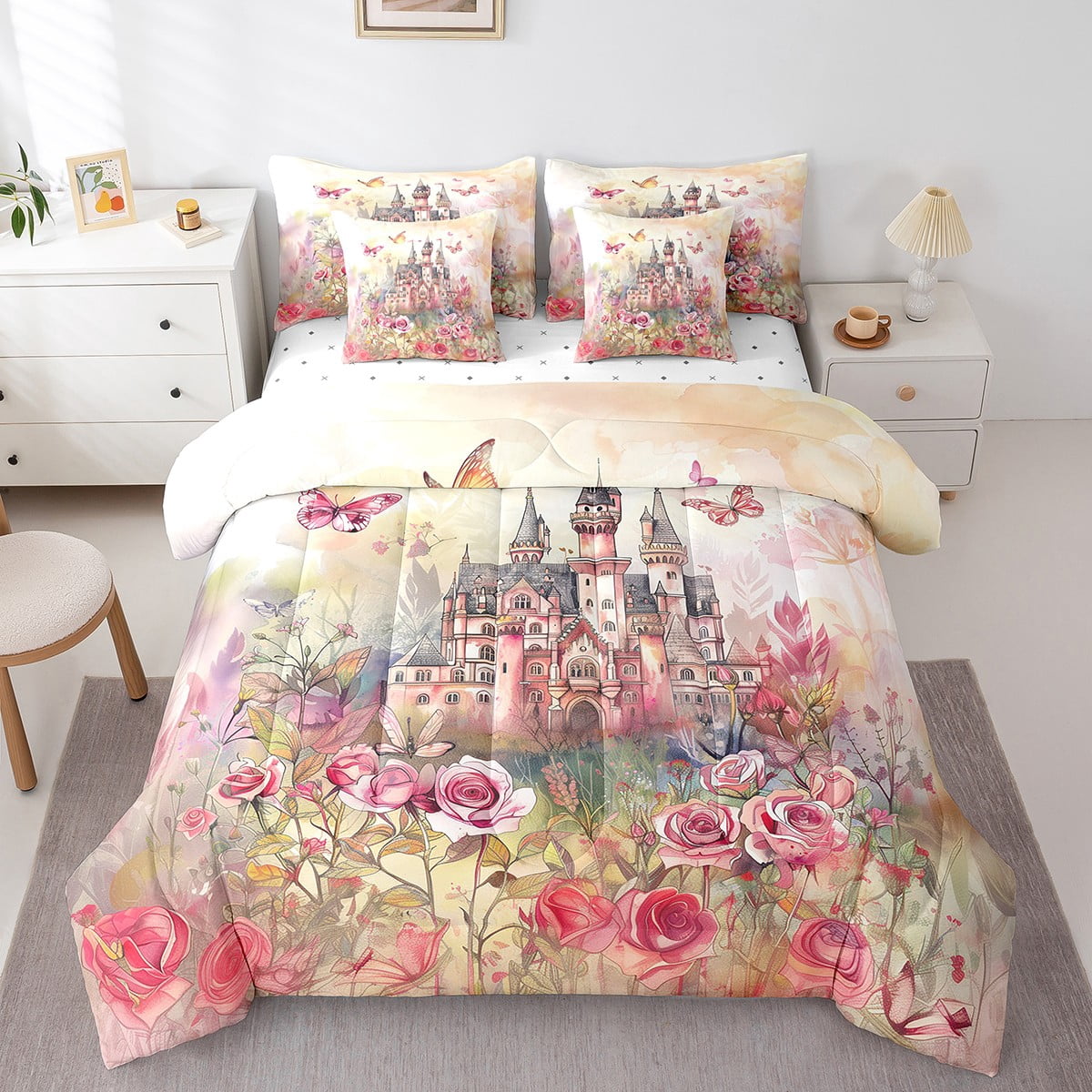 YST Ensemble de Literie Château de Rêve 7 Pcs, Taille Simple, Thème Princesse, Papillons Colorés, Jardin Aquarelle
