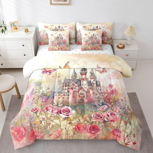 YST Ensemble de Literie Château de Rêve 7 Pcs, Taille Simple, Thème Princesse, Papillons Colorés, Jardin Aquarelle