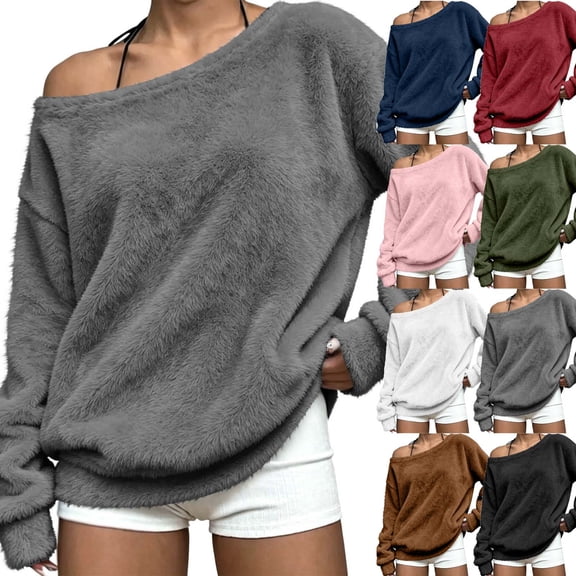 FNFYFH Off the Shoulder Sweater for Women Fuzzy Fleece Sweatshirt Long Sleeve Fall Sweaters Thermal Pullover