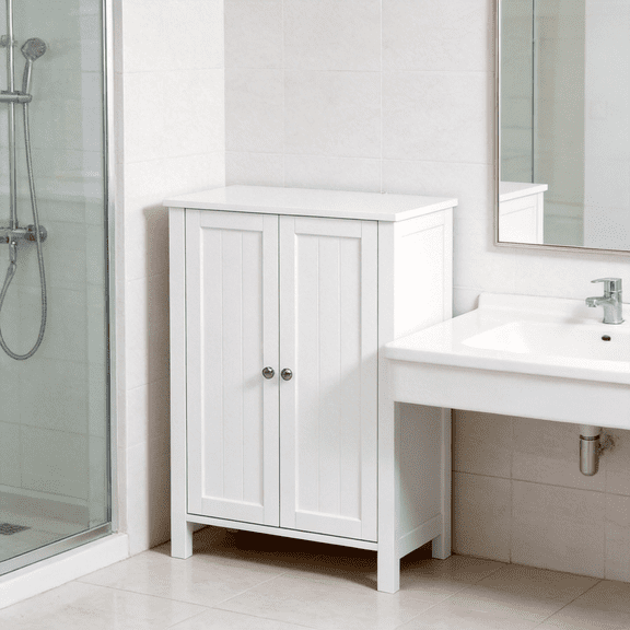 Wanling Floor Storage Cabinet, Freestanding Storage Unit with 2 Adjustable Shelves, for Bathroom Living Room Dining Kitchen White