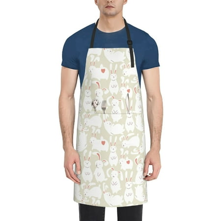 

Tebeau White Rabbit Print Waterproof Cooking Aprons Adjustable Bib Soft Chef Apron with 2 Pockets for Men Women