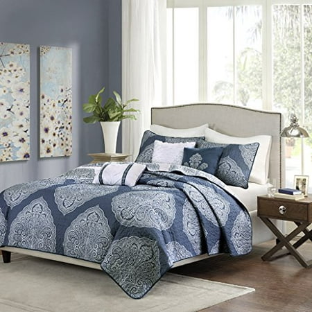 Rachel 6 Piece Reversible Quilted Coverlet Set Navy King Cal King