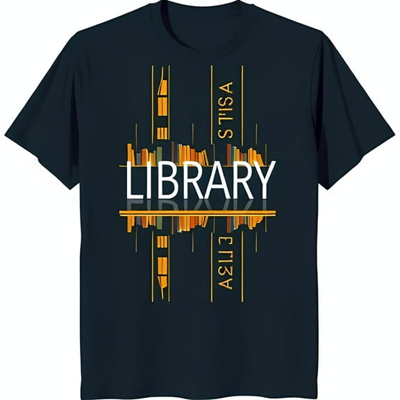 Dark Blue T-Shirt with Vibrant Cityscape of Stacked & 'LIBRARY' Graphic