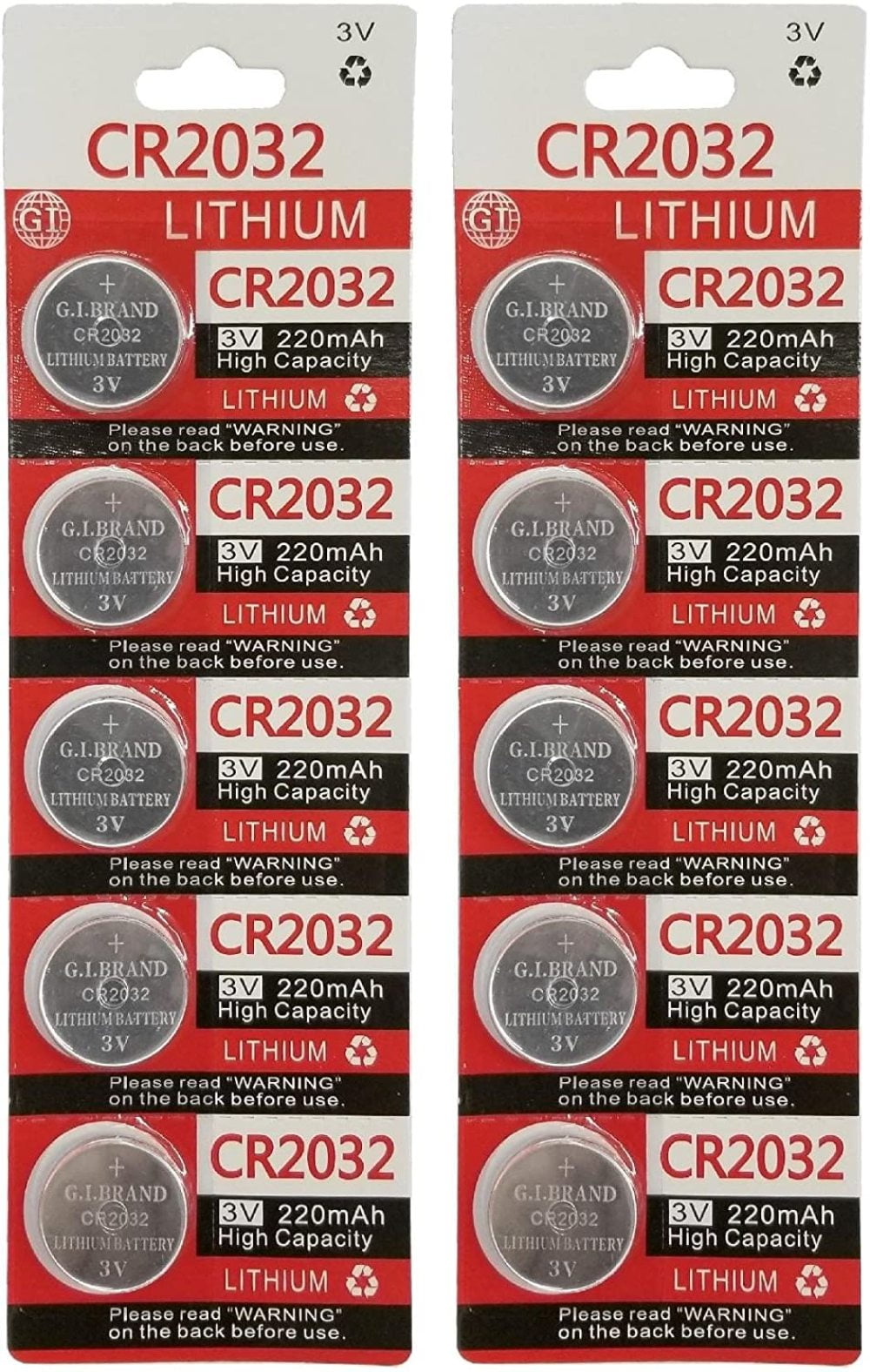 GI 3 Volt 2032 Battery, CR2032 Lithium 3v Coin Cell Watch Battery (10)