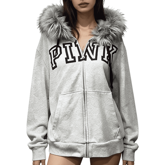 Women's Faux Fur Hooded Letter Print Pocket Zip-Up Hoodies Casual Jacket Fall Winter Gray XS