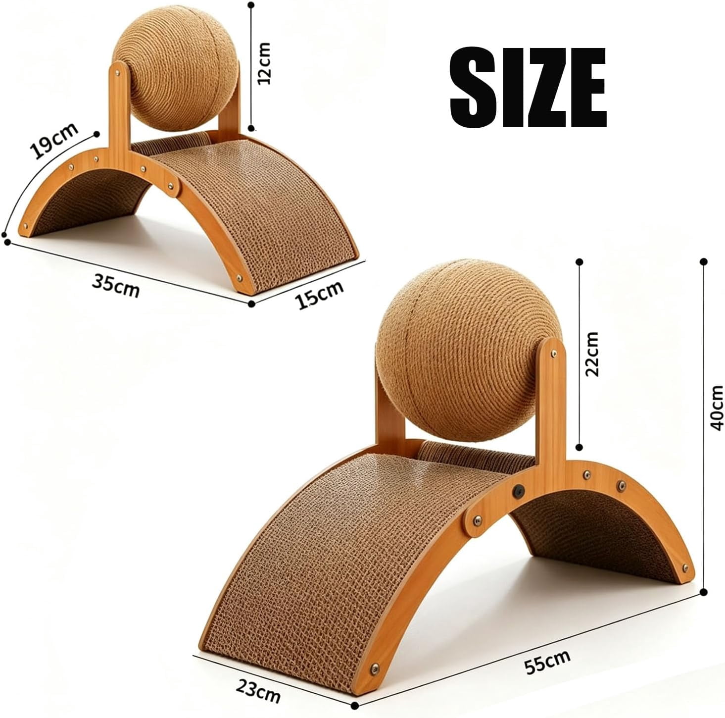Cat Scratching Ball On Stand - Solid Wood Interactive Cat Scratcher, with Arch Bridge and 360° Rotating Natural Sisal Ball for Indoor Cat Kittens (Small)