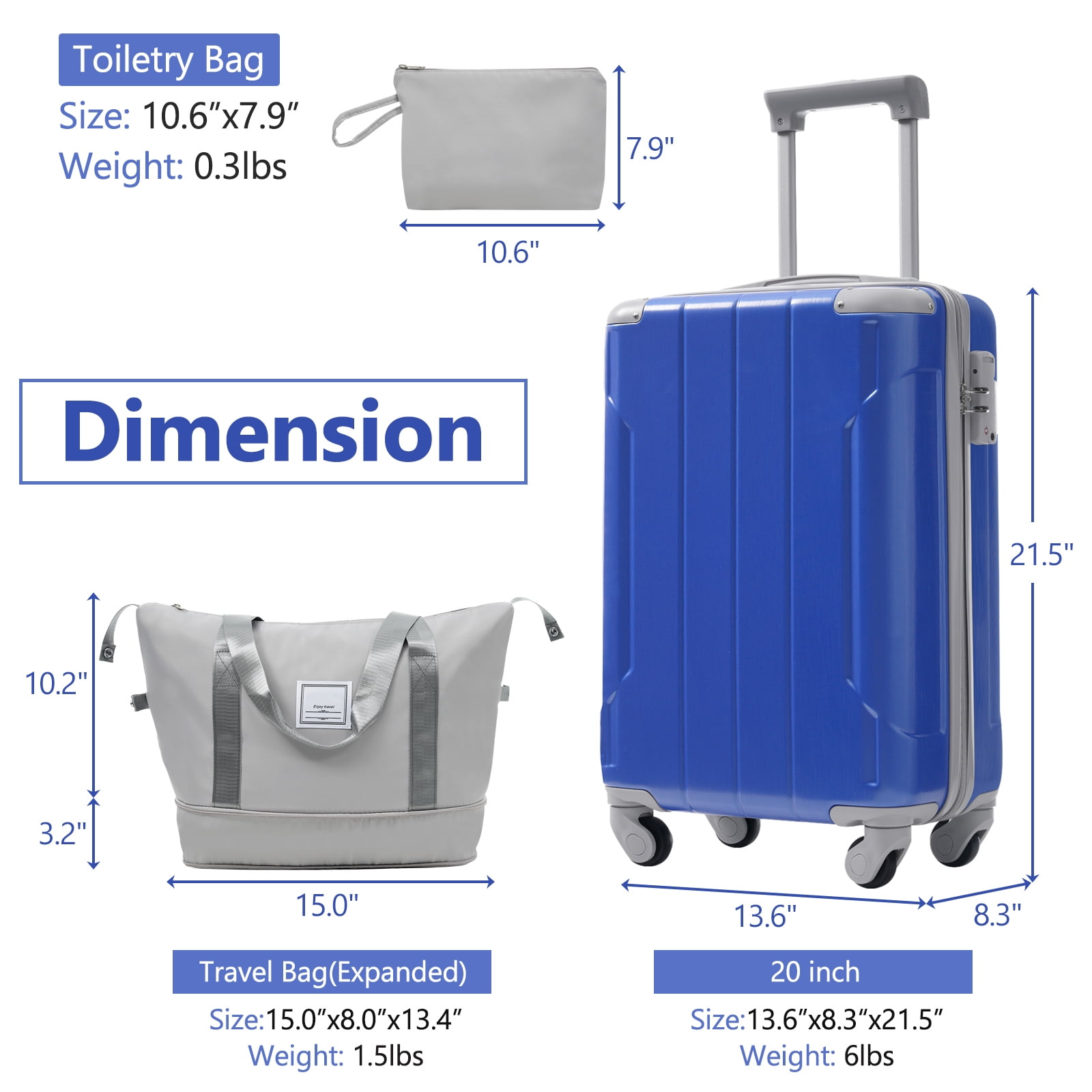 Luggage Sets 3 Piece Lightweight Hardside Rugged Travel Suitcase with Wheels, 22” x 14” x 9” Airline Approved, TSA Lock, Dazzling Blue