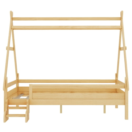 Full Size House Floor Bed with Stairs, Teepee Floor Bed with Haning Rack, Montessori Floor Bed with Fence, Wood House Bed with Slats, Natural