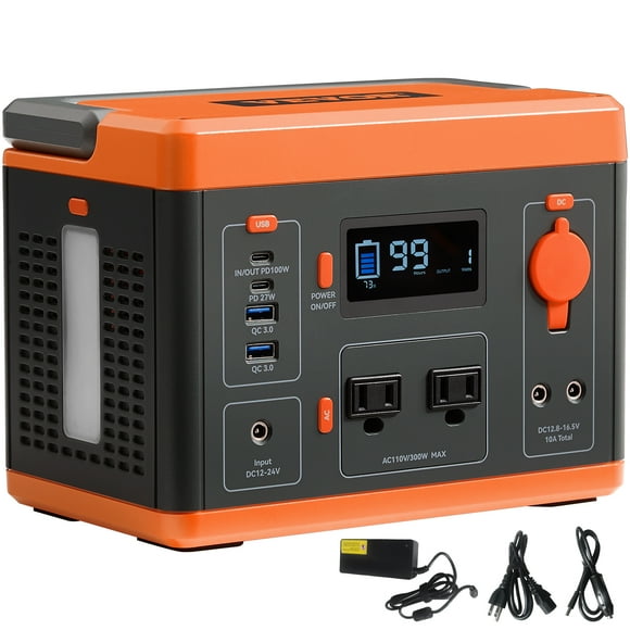 VEVOR Portable Power Station, 296Wh, Backup Lithium-ion Battery Solar Powered Generator, 300W(Peak Power 600W) Pure Sine Wave AC Outlet, USB QC3.0 LED Light, for Outdoors Camping Travel Home Emergency