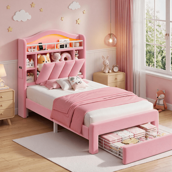 HiJob Twin Bed Frame for Kids & Girls with Storage Headboard & Drawers, Velvet Upholstered Bed with RGB LED Lights & Built-In Charging Station, Pink