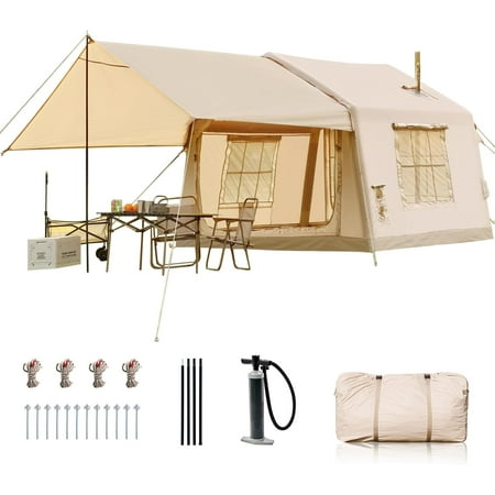 Inflatable Tents for Camping Blow Up Tent with Canopy Easy Setup Inflatable Camping Tent with Stove Jack Waterproof Oxford Air Glamping Tents for Camping Adult 6-8 Person