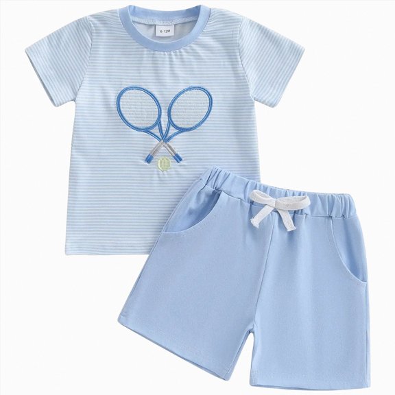 kpoplk Toddler Baby Boy Summer Clothes Embroiderey Waffle Knit Short Sleeve T-Shirt Tees   Casual Shorts Cute Clothing Set 18-24 Months,Sky Blue