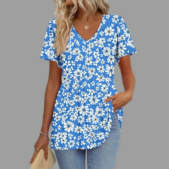 QUNYINEY Floral Spring Tops for Women Short Sleeve V Neck Casual Shirts Peplum Loose Tops
