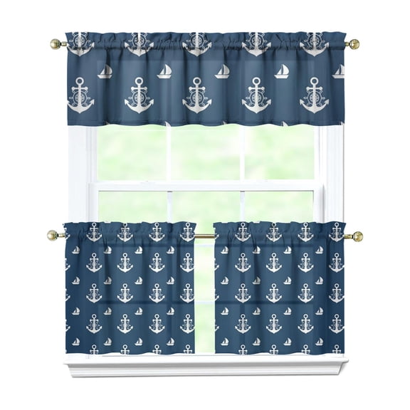 Summer Nautical Kitchen Curtains Set Marine Anchor Lighthouse Boat Wave Ocean Compass Seaside Coastal Tier and Valance Rod Pocket Curtains
