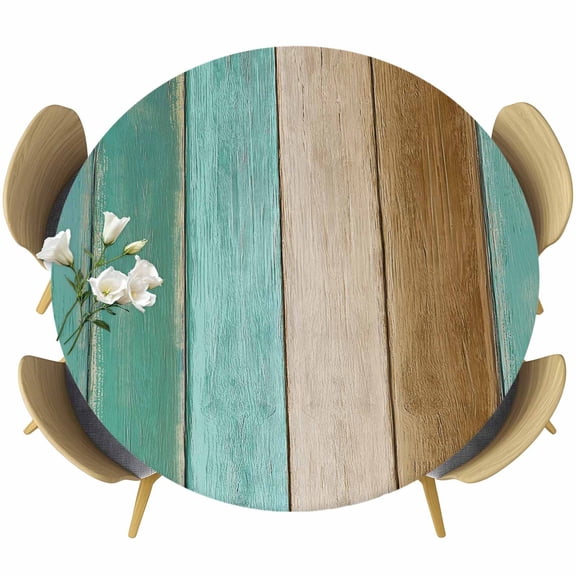 Round Table Cover 55-60 Inch Teal Brown Wooden Waterproof Reusable Table Cloth Round Fitted Vinyl Tablecloth with Elastic Edged for Parties Outdoors, Farmhouse Vertical Striped Art
