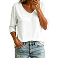 thumbnail image 2 of 3/4 Length Sleeve Womens Tops Versatile Color V Neck 3/4 Sleeve Loose T Shirt Top, 2 of 6