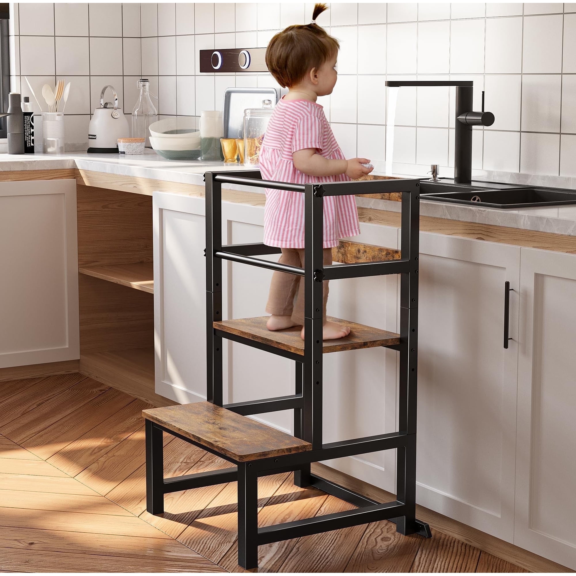 Toddler Kitchen Step Stool, Adjustable Height with Safety Rail, Steel & Wood Kitchen Stool for Kids, Toddler Helper Stool for Kitchen, Non-slip Toddler Tower Brown
