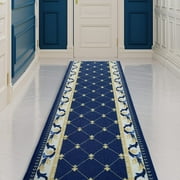 Custom Size Hallway Runner Rug Blue Color 26 or 31 inch Wide Select Your Length Non-Slip (Skid Resistance) Rubber Backing Trellis French Design