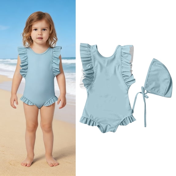 1 Piece Girls Swimsuit Ruffle Bathing Suit Quick Dry Swimwear with Cap Bathing Suit Girl 6-12 Months