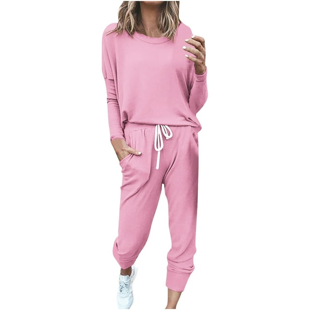 Besolor Ensemble 2 Pcs pour Femme, Haut Décontracté à Col Rond à Manches Longues et Pantalon à Cordon, Ensemble de Détente Survêtement