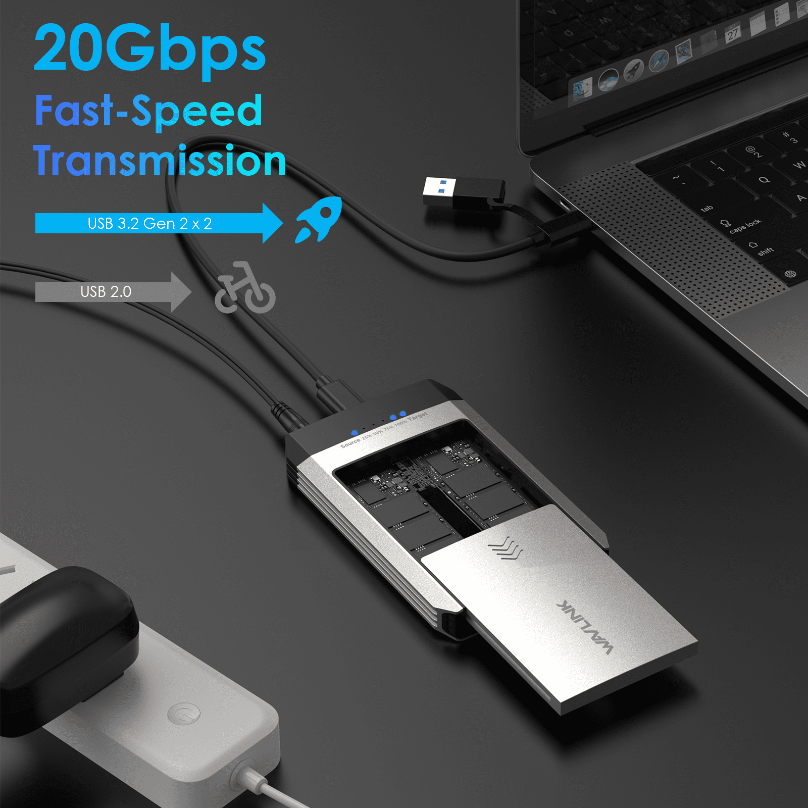 WAVLINK Hard Drives Enclosure, M.2 SSD Dual-Bay Duplicator, Compatible with NVMe and AHCI, One Click Offline Clone, 20Gbps USB-C(USB3.2 Gen 2x2), 8TB Expansion Storage(4TBx2)