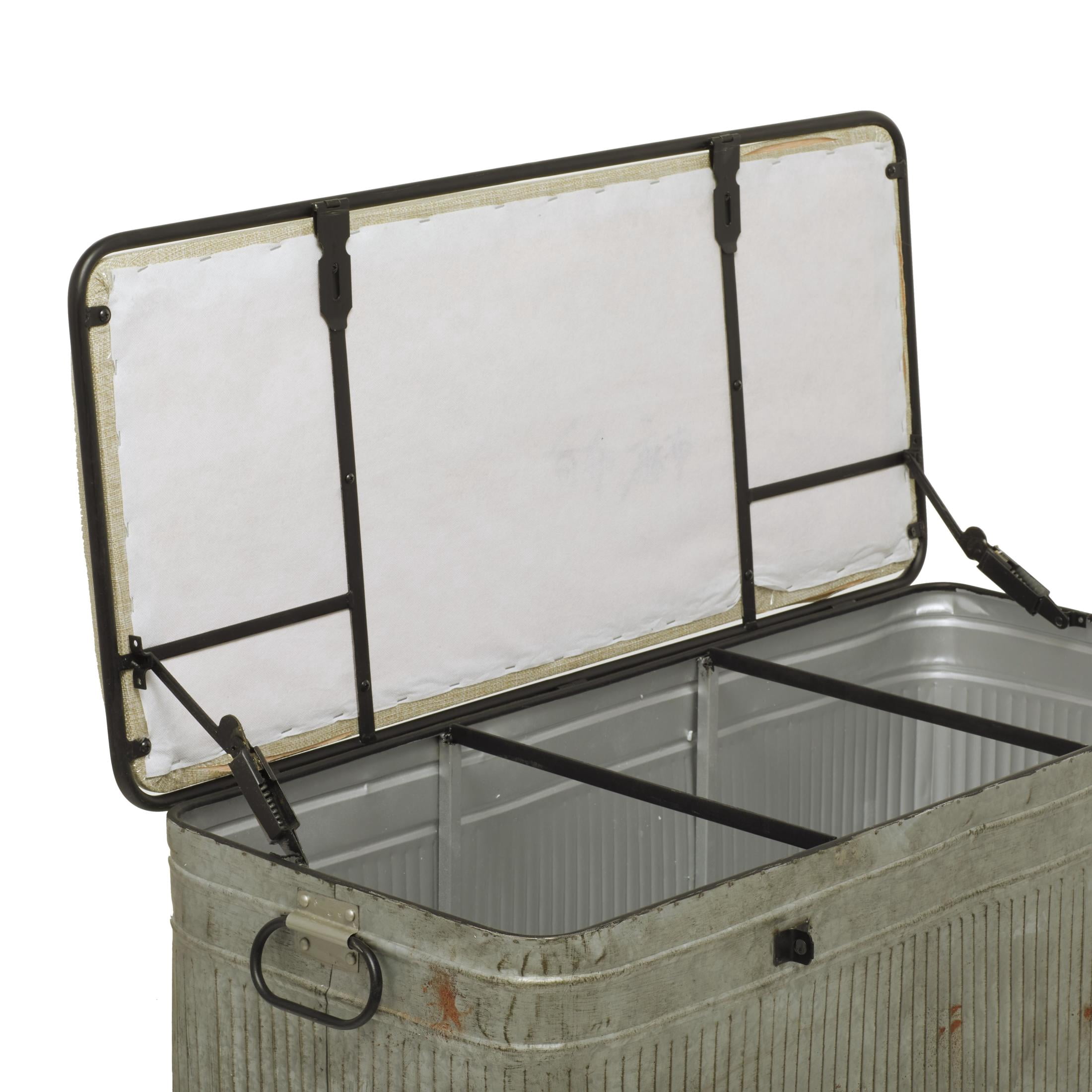 DecMode Metal Galvanized Storage Bench with Cream Burlap Top and Black Latches, Gray