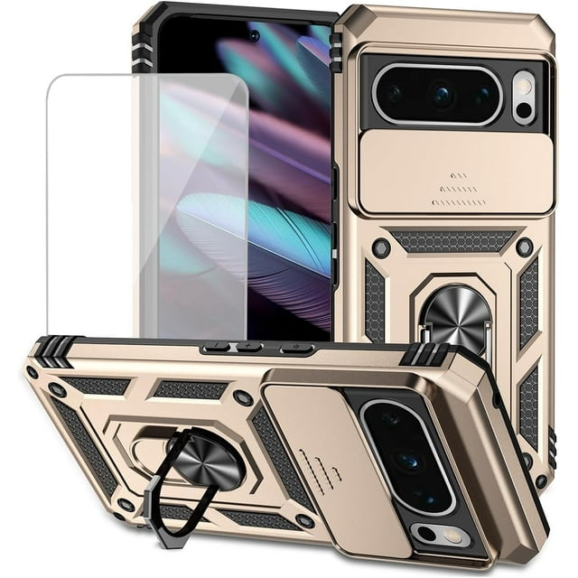 KOMI for Pixel 8 Pro Case, Google 8 Pro Case with Tempered Glass Screen Protector and Slide Camera Cover, Magnetic Ring Car Mount Holder Kickstand Protective Cases Cover for Google Pixel 8 Pro Gold