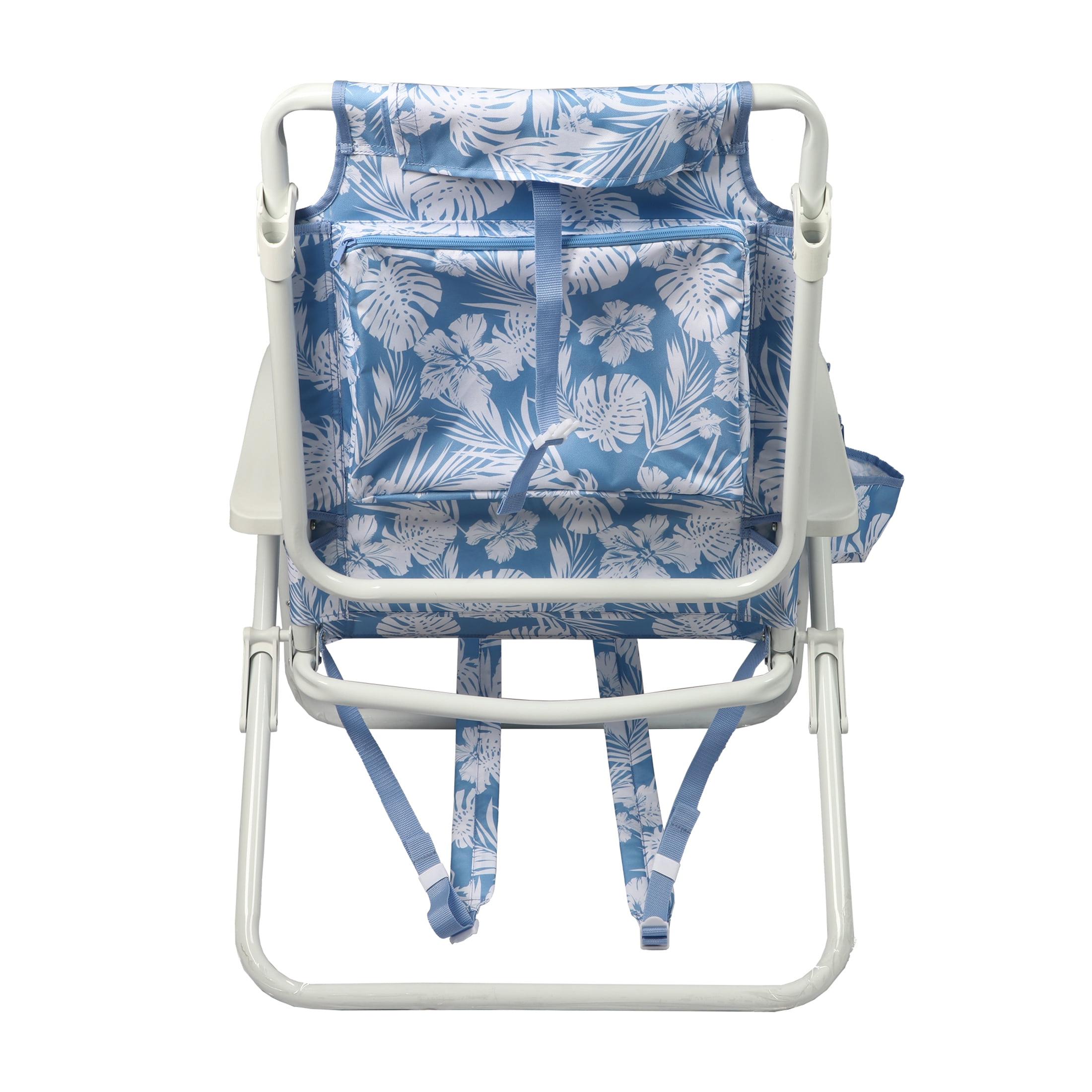 Mainstays Oversized Reclining Beach Chair with Backpack Straps, Blue Palm Print