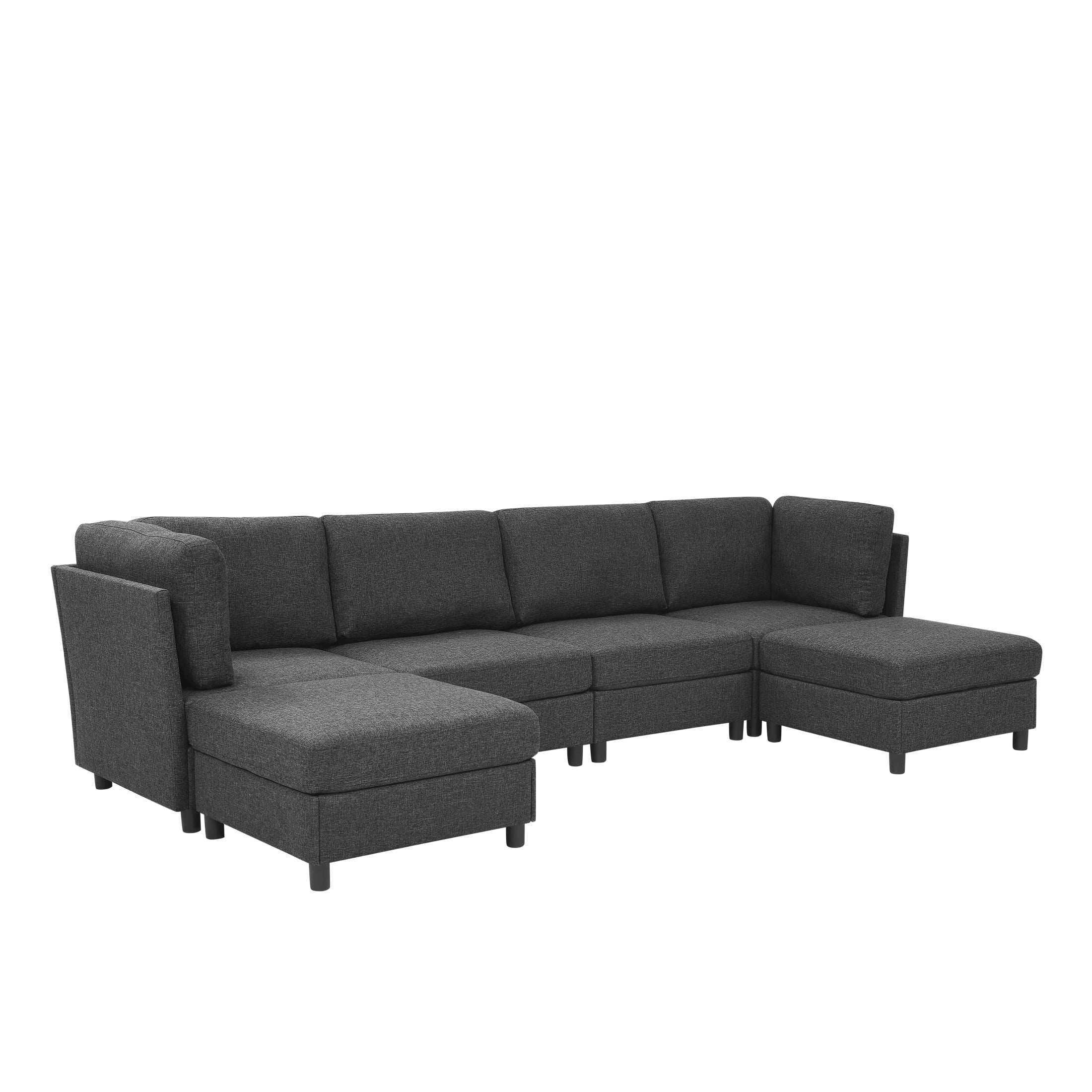 Noble House Modern 6-Seat Modular Sectional Sofa with Convertible Ottoman, Dark Gray