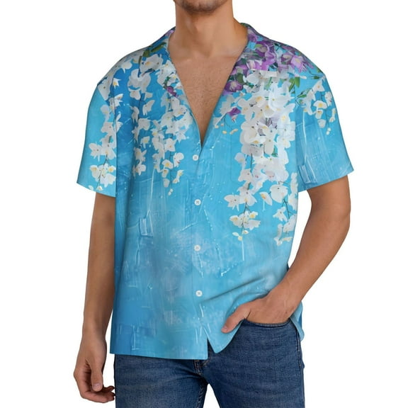 Balery Hanging Orchids Floral Blue Men's Casual Button Down Shirt Short Sleeve Textured Summer Cuban Beach Shirts-Large