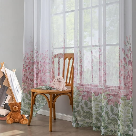 lkijhrd Floral Sheer Curtains Patterned With Tie Backs Light Filtering Pink for Bedroom Living Room Window Semi Green Leaf Drapes 63 Inch Length 2 Panels Set Transparent Colorful Grommet